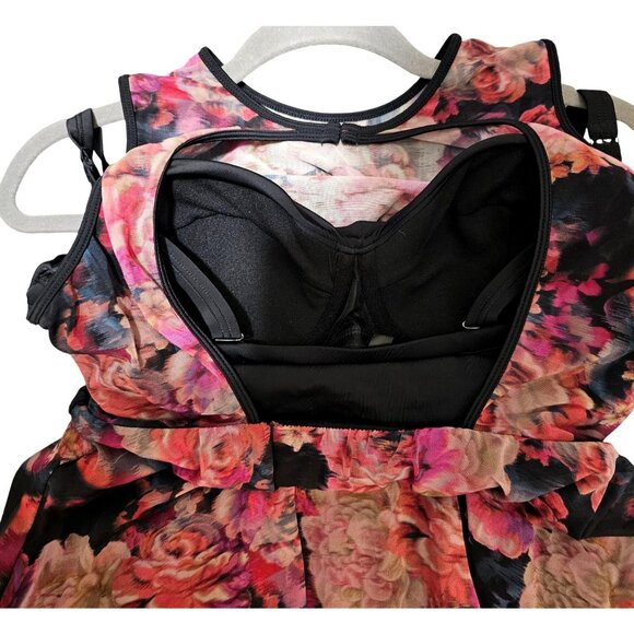 Floral Mesh Overlay One-Piece Swimsuit With Keyhole Back Pink & Black Women's Si - Picture 11 of 15